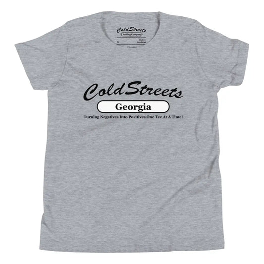 Grey ring-spun combed cotton t-shirt with Cold Streets Georgia text in black