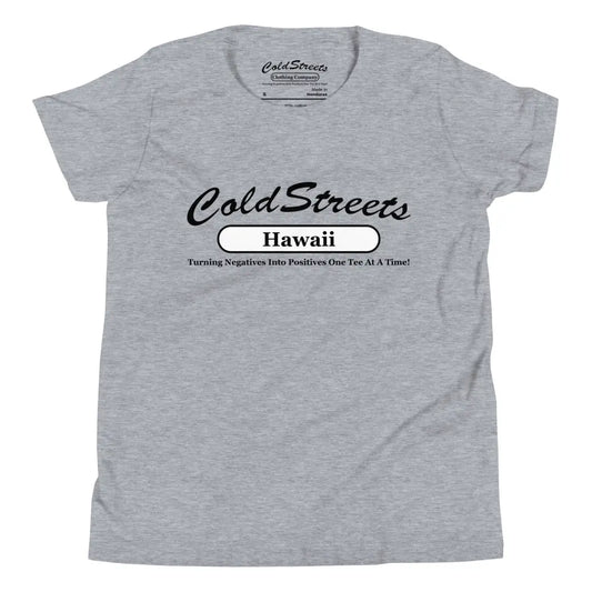 Grey t-shirt with Cold Streets Hawaii text in black, made of ring-spun combed cotton