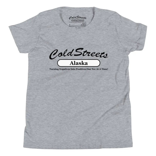 Grey t-shirt featuring Cold Streets Alaska in black, made from ring-spun combed cotton