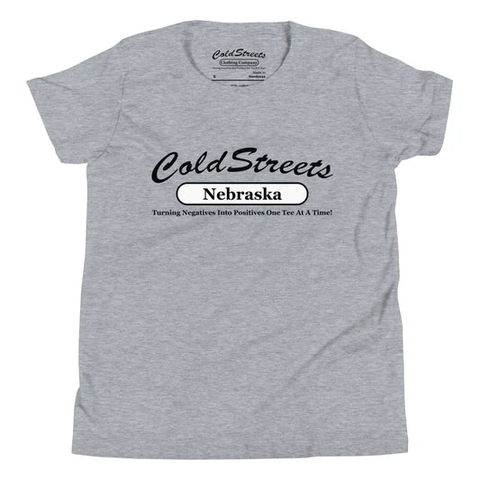 Grey t-shirt with Cold Streets Nebraska text in black on ring-spun combed cotton