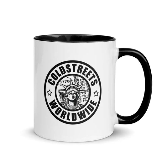 White ceramic mug with black interior and Coldstreets Worldwide logo of Statue of Liberty