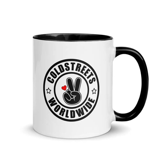 White ceramic mug with black handle and Coldstreets Worldwide logo in dark blue red