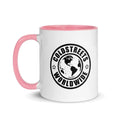 White coffee mug with pink handle and Coldstreets Worldwide logo in blue pink golden design