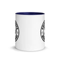 White ceramic mug with dark blue interior and black logo from CS Clothing Co