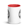 White ceramic mug with red interior and black logo from CS Clothing Co. in blue pink golden