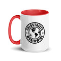 White ceramic mug with red handle and Coldstreets Worldwide logo in dark blue red design