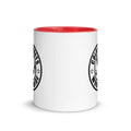 White ceramic mug with red interior and black logo for CS Clothing Co. in dark blue red