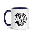 White ceramic mug with navy blue handle and Coldstreets Worldwide logo design