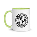 White coffee mug with lime green handle featuring Coldstreets Worldwide logo design
