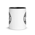White ceramic coffee mug with black interior and circular logo design for CS Clothing Co