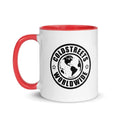 White ceramic mug with red handle and Coldstreets Worldwide logo, perfect for blue pink golden themes