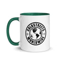 White ceramic mug with green handle and Coldstreets Worldwide logo, dark blue red accents