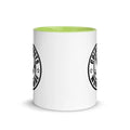 White ceramic mug with lime green interior and black logo for CS Clothing Co. merchandise