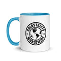 White ceramic mug with blue handle and Coldstreets Worldwide logo, ideal for dark blue red fans