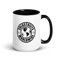 White ceramic mug with black interior and Coldstreets Worldwide logo, blue pink golden design