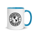 White ceramic mug with blue interior featuring Coldstreets Worldwide logo design