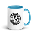 White ceramic mug with blue interior and Coldstreets Worldwide logo for CS Clothing Co