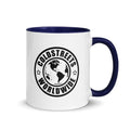 White ceramic mug with navy blue handle and Coldstreets Worldwide logo design