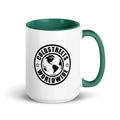 White ceramic mug with green interior and Coldstreets Worldwide logo for CS Clothing Co