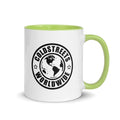 White ceramic mug with lime green interior and Coldstreets Worldwide logo design