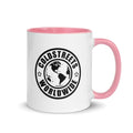 White ceramic mug with pink accents and Coldstreets Worldwide logo, perfect for blue pink golden vibes