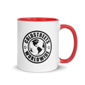 White ceramic mug with red handle and Coldstreets Worldwide logo in dark blue red