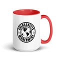 White coffee mug with red handle and Coldstreets Worldwide logo, perfect for CS Clothing Co
