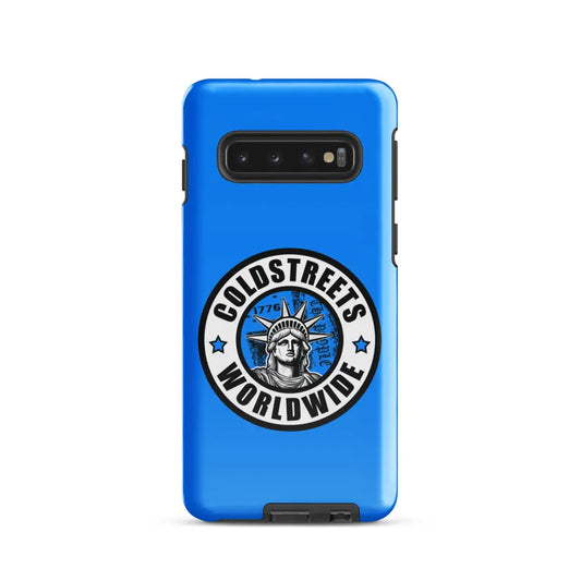 Blue phone case for Samsung Galaxy S20, S21, S22 with Coldstreet Worldwide logo and Statue of Liberty