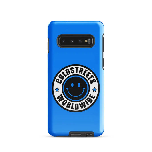 Blue phone case with smiley logo for Samsung Galaxy S20, S21, S22 by CS Clothing Co