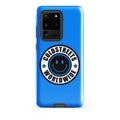 Blue phone case for Samsung Galaxy S20 with black and white smiley logo and text