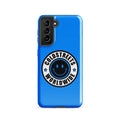 Blue phone case for Samsung Galaxy S20, S21, S22 with a smiley face logo and text