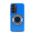 Blue phone case for Samsung Galaxy S20 S21 S22 with black smiley logo and Coldstreets Worldwide text