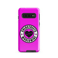 Hot pink phone case for Samsung Galaxy S20 S21 S22 with black heart logo design