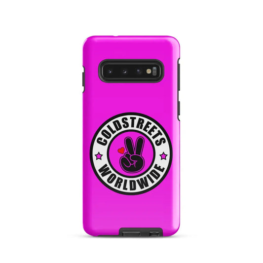 Hot pink phone case for Samsung Galaxy S20 S21 S22 with Coldstreet Worldwide logo