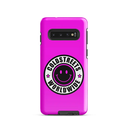 Hot pink phone case with smiley face logo, perfect for Samsung Galaxy S20, S21, S22