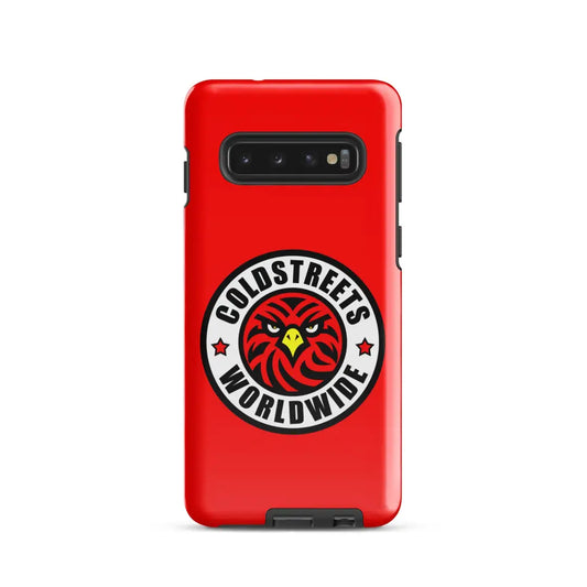 Red phone case for Samsung Galaxy S20, S21, S22 with Coldstreets Worldwide eagle logo