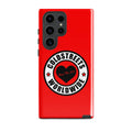 Red phone case with Coldstreets Worldwide logo and black heart for Samsung Galaxy S20 S21 S22