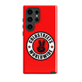 Red phone case with Coldstreets Worldwide logo and peace sign for Samsung Galaxy S20, S21, S22