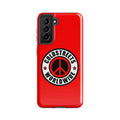 Red phone case for Samsung Galaxy S20, S21, S22 with Coldstreets Worldwide logo and peace symbol