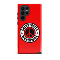 Red Samsung Galaxy S20 phone case with Coldstreets Worldwide logo and peace symbol