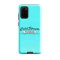 Turquoise phone case with Cold Streets Worldwide text for Samsung Galaxy S20 S21 S22