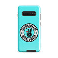 Turquoise Samsung Galaxy S20 case with black peace sign logo and Coldstress Worldwide text