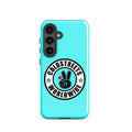 Turquoise Samsung Galaxy S20 phone case with black peace sign logo by CS Clothing Co