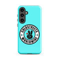 Turquoise phone case for Samsung Galaxy S20, S21, S22 with peace sign logo and text