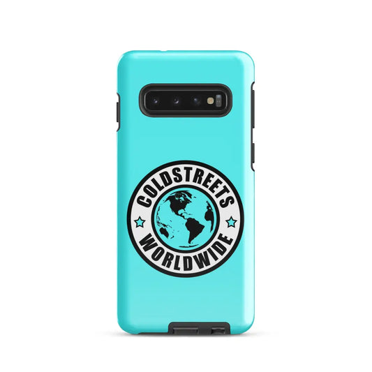 Turquoise phone case for Samsung Galaxy S20, S21, S22 with Cold Streets Worldwide logo