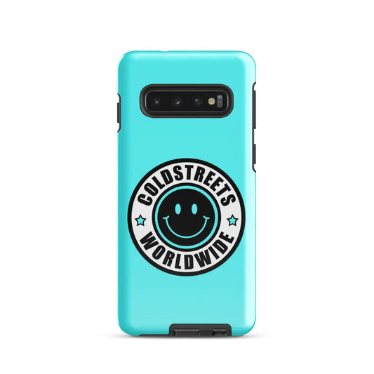 Turquoise phone case for Samsung Galaxy S20 S21 S22 with black smiley logo and Coldstreets Worldwide