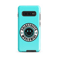 Turquoise phone case for Samsung Galaxy S20, S21, S22 with black smiley logo and text