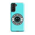 Turquoise Samsung Galaxy S20 case with Coldstreets Worldwide logo and smiley face design