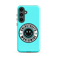 Turquoise phone case for Samsung Galaxy S20, S21, S22 with black smiley logo and text