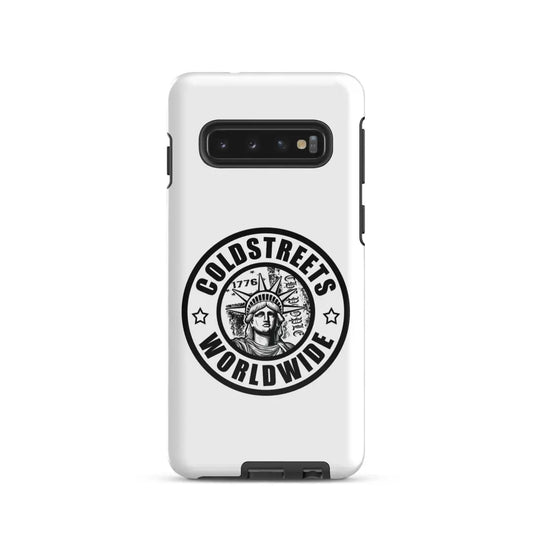 White phone case for Samsung Galaxy S20, S21, S22 with Coldstress Worldwide logo